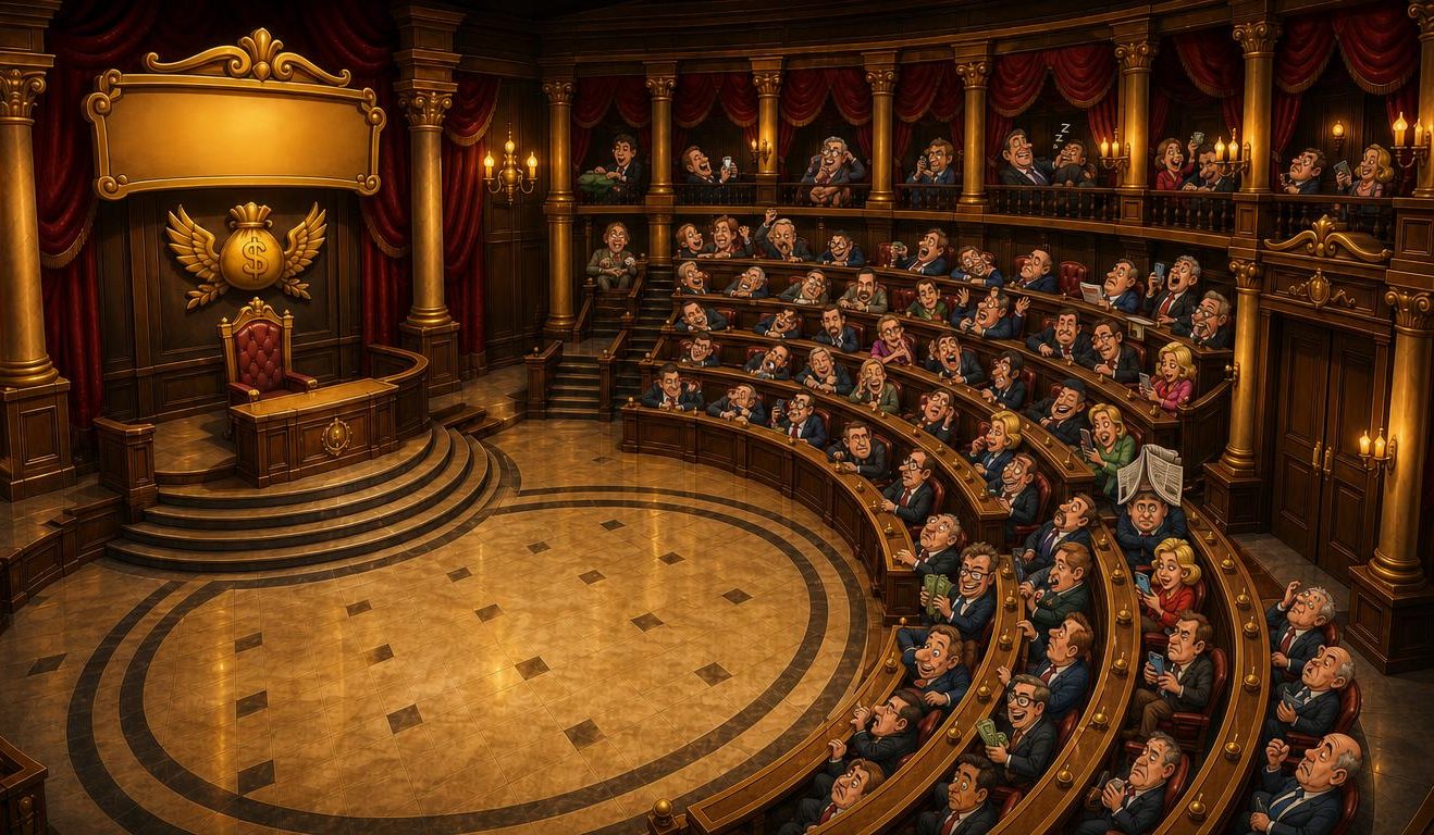 Stupid Bureaucracy: a packed parliament hall full of cartoon politicians